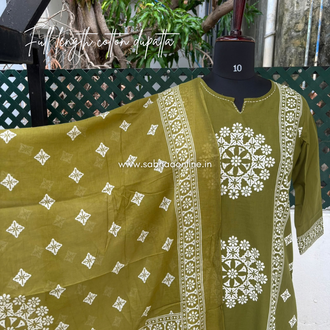 Henna - Olive green Aline Cotton kurti 3pc set without lining - LN 63