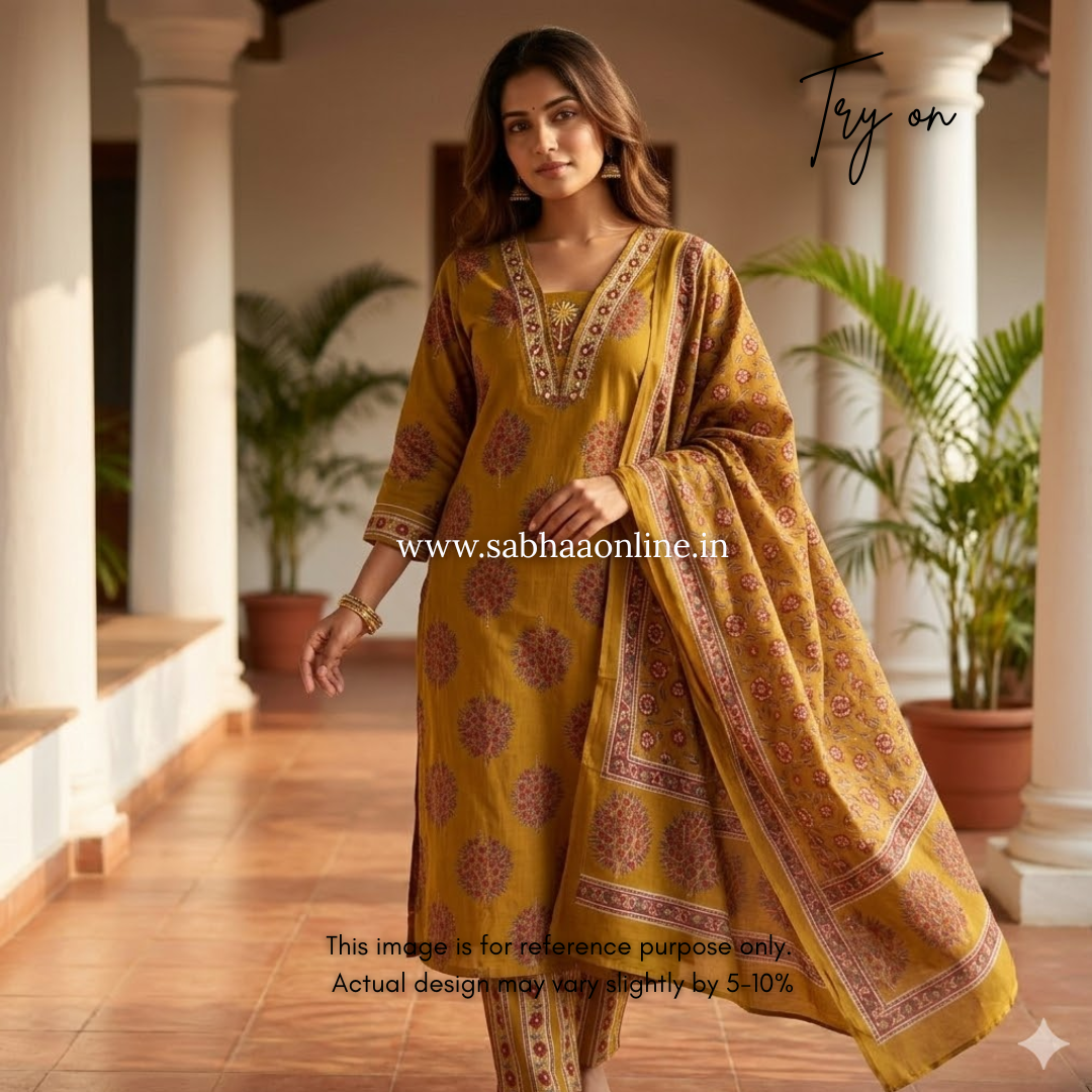 Chitra - Mustard Yellow Cotton kurti 3pc set - LN 42