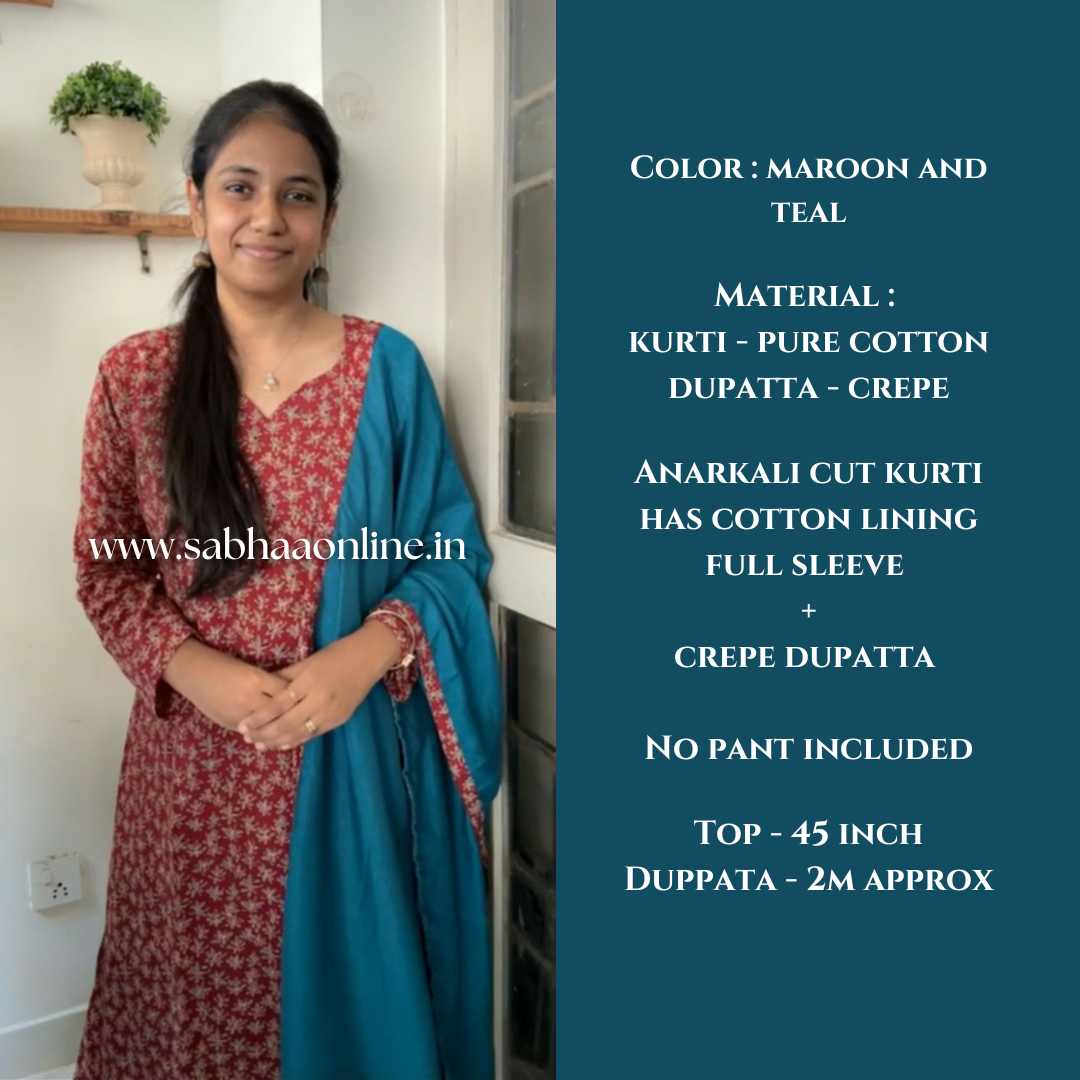 Selvi - Maroon and Teal Cotton crepe Anarkali + dupatta set - LN24