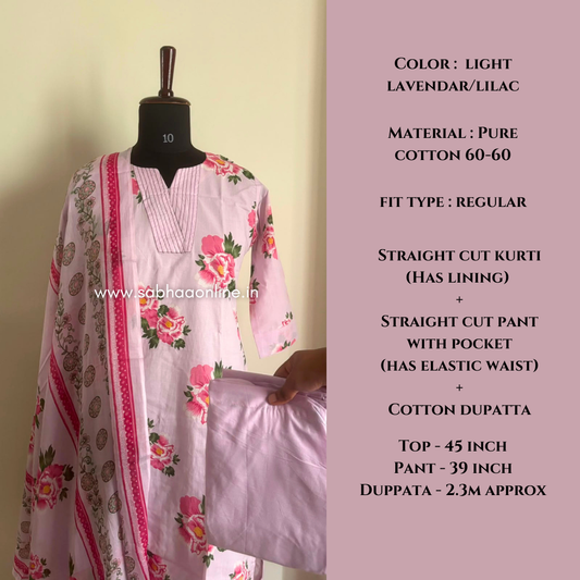 Malaviya - Lilac Cotton kurti 3pc set with lining - LN 65