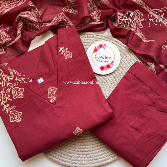 Alka - Deep red Cotton kurti 3pc set with lining - LN 37