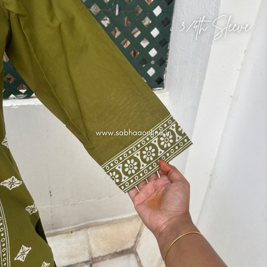 Henna - Olive green Aline Cotton kurti 3pc set without lining - LN 63