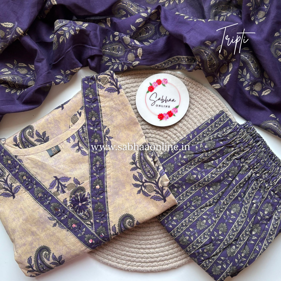 Tripti - Beige and purple Cotton kurti 3pc set - LN 42