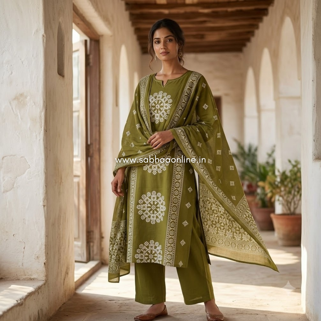 Henna - Olive green Aline Cotton kurti 3pc set without lining - LN 63