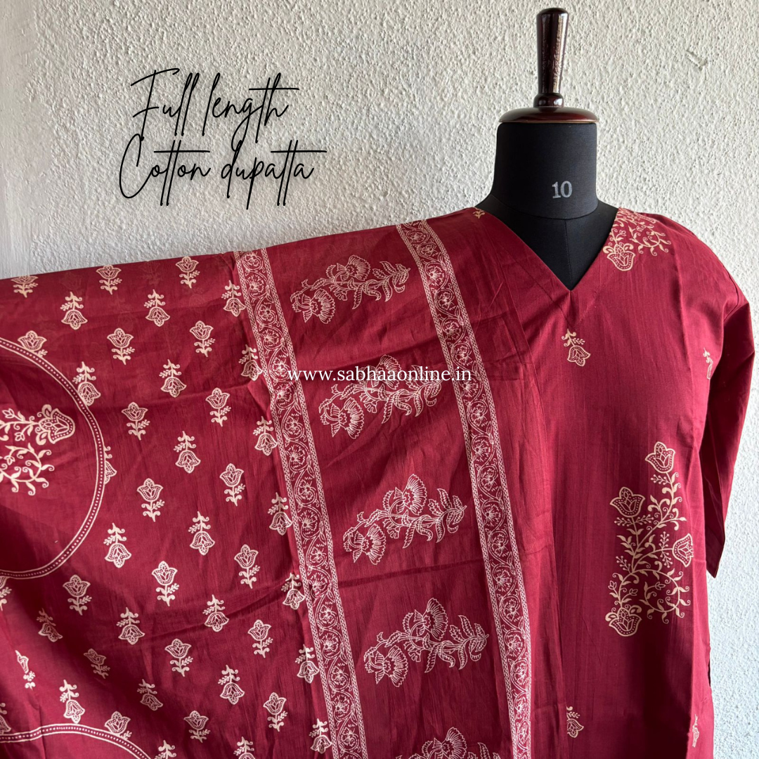 Alka - Deep red Cotton kurti 3pc set with lining - LN 37