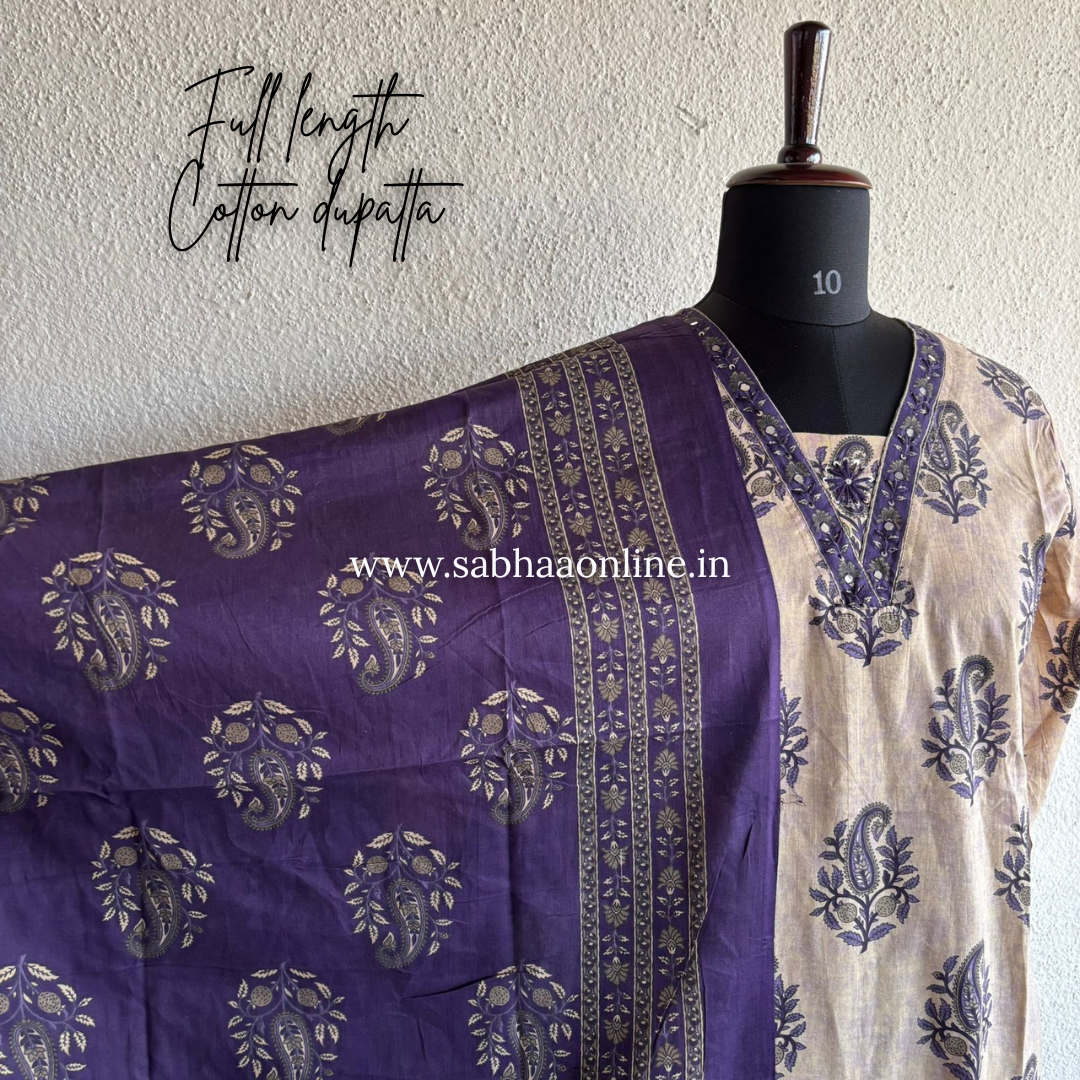 Tripti - Beige and purple Cotton kurti 3pc set - LN 42