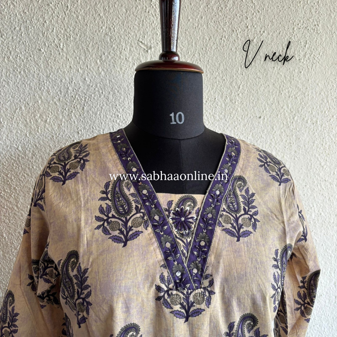 Tripti - Beige and purple Cotton kurti 3pc set - LN 42