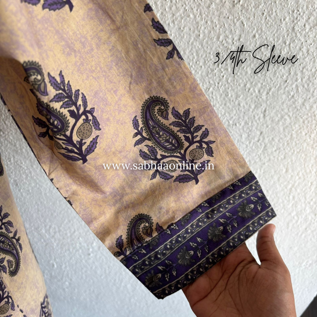 Tripti - Beige and purple Cotton kurti 3pc set - LN 42