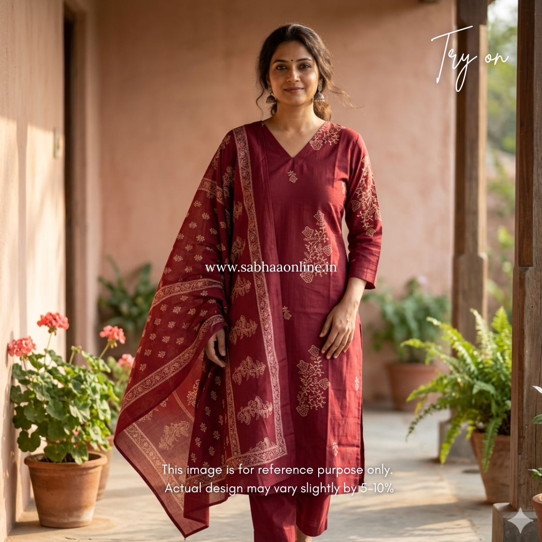 Alka - Deep red Cotton kurti 3pc set with lining - LN 37