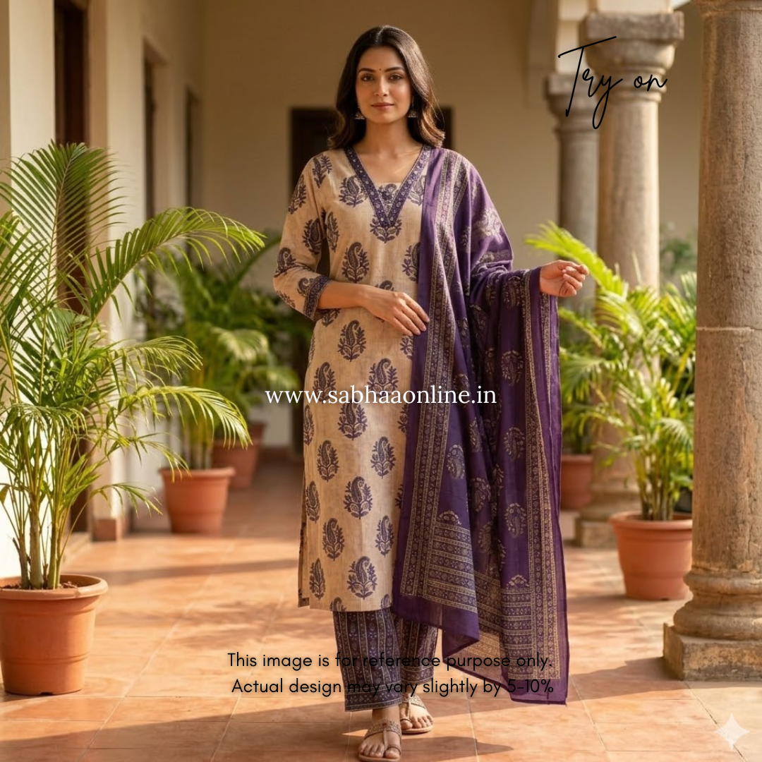 Tripti - Beige and purple Cotton kurti 3pc set - LN 42