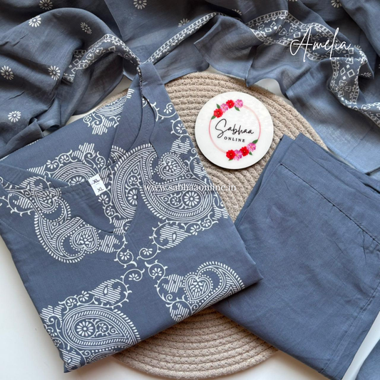 Amelia - Grey Cotton kurti 3pc set with lining - LN 37