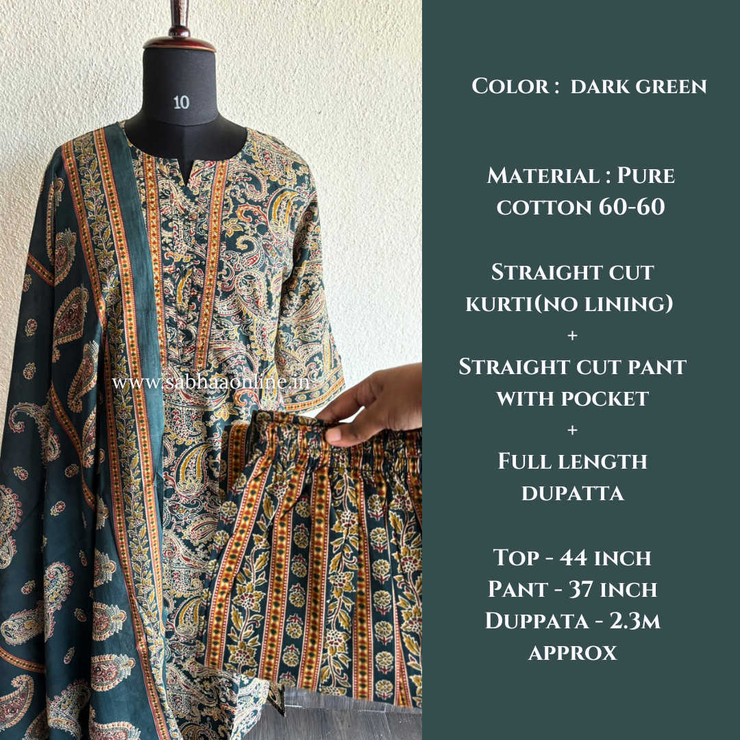 Lahari - Dark Green Cotton kurti 3pc set - LN 42