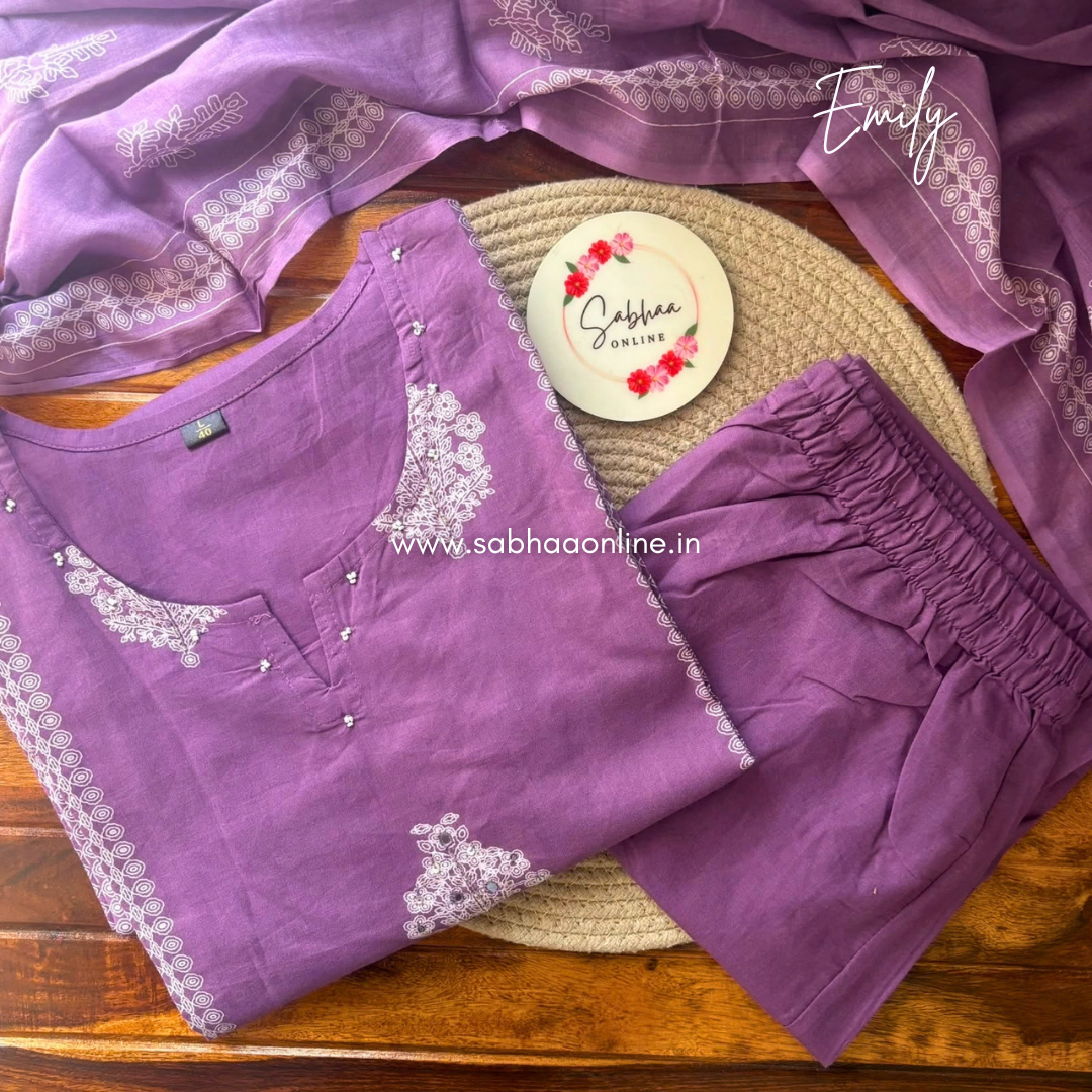 Emily - Lavendar Aline Cotton kurti 3pc set without lining - LN 63