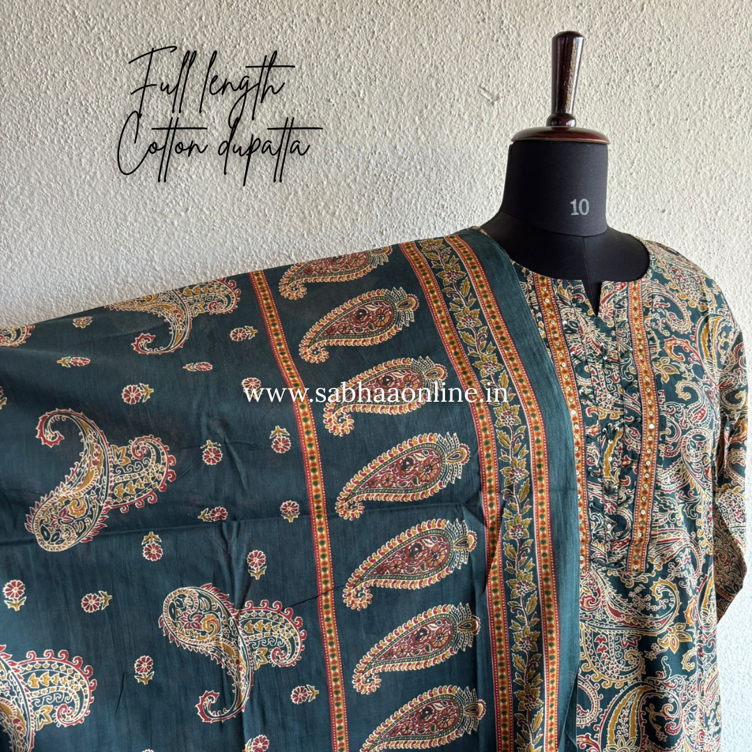 Lahari - Dark Green Cotton kurti 3pc set - LN 42