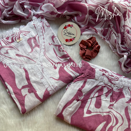Misha - White and Pink Cotton Kurti 3pc set