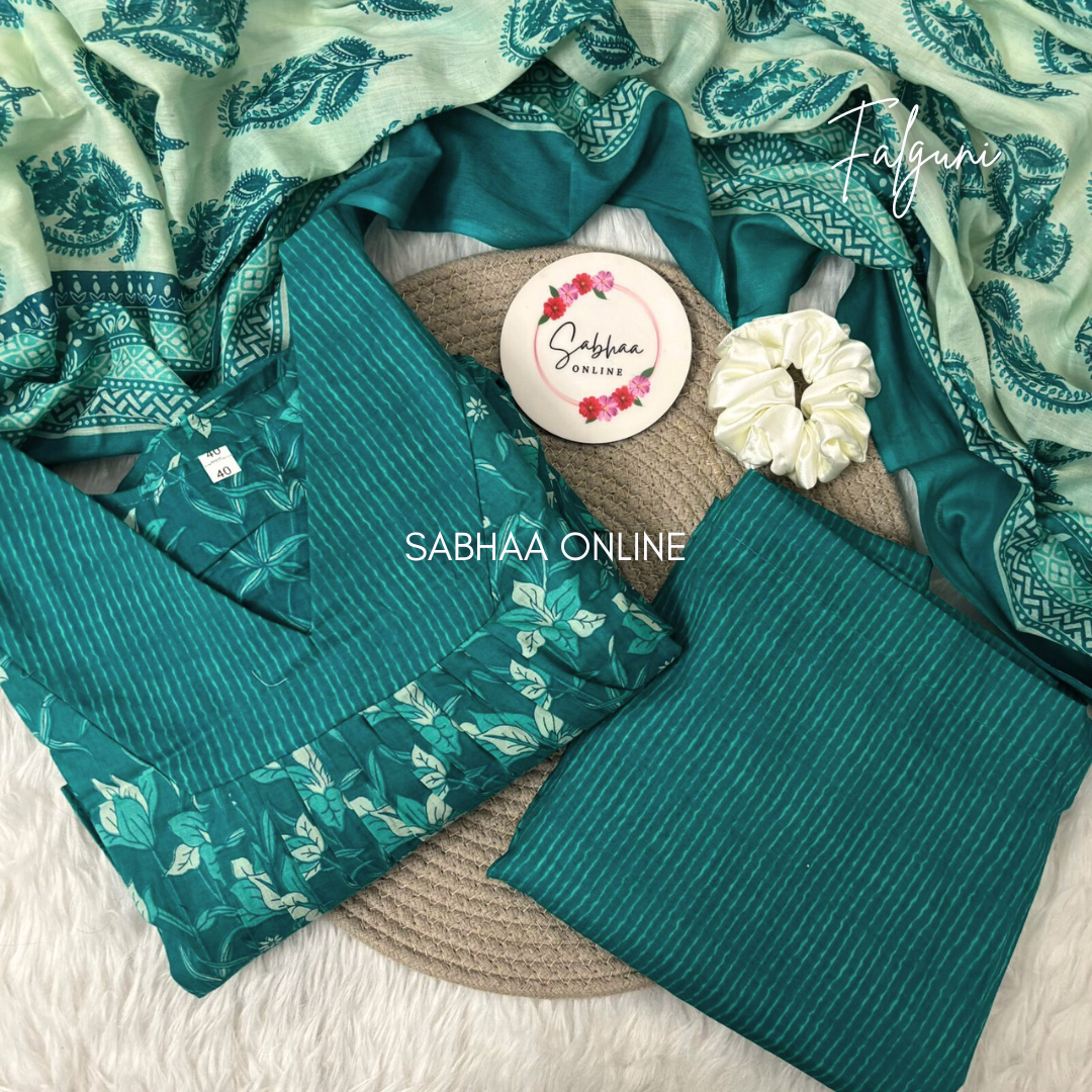 Falguni - Teal Cotton Anarkali Kurti 3pc set with lining