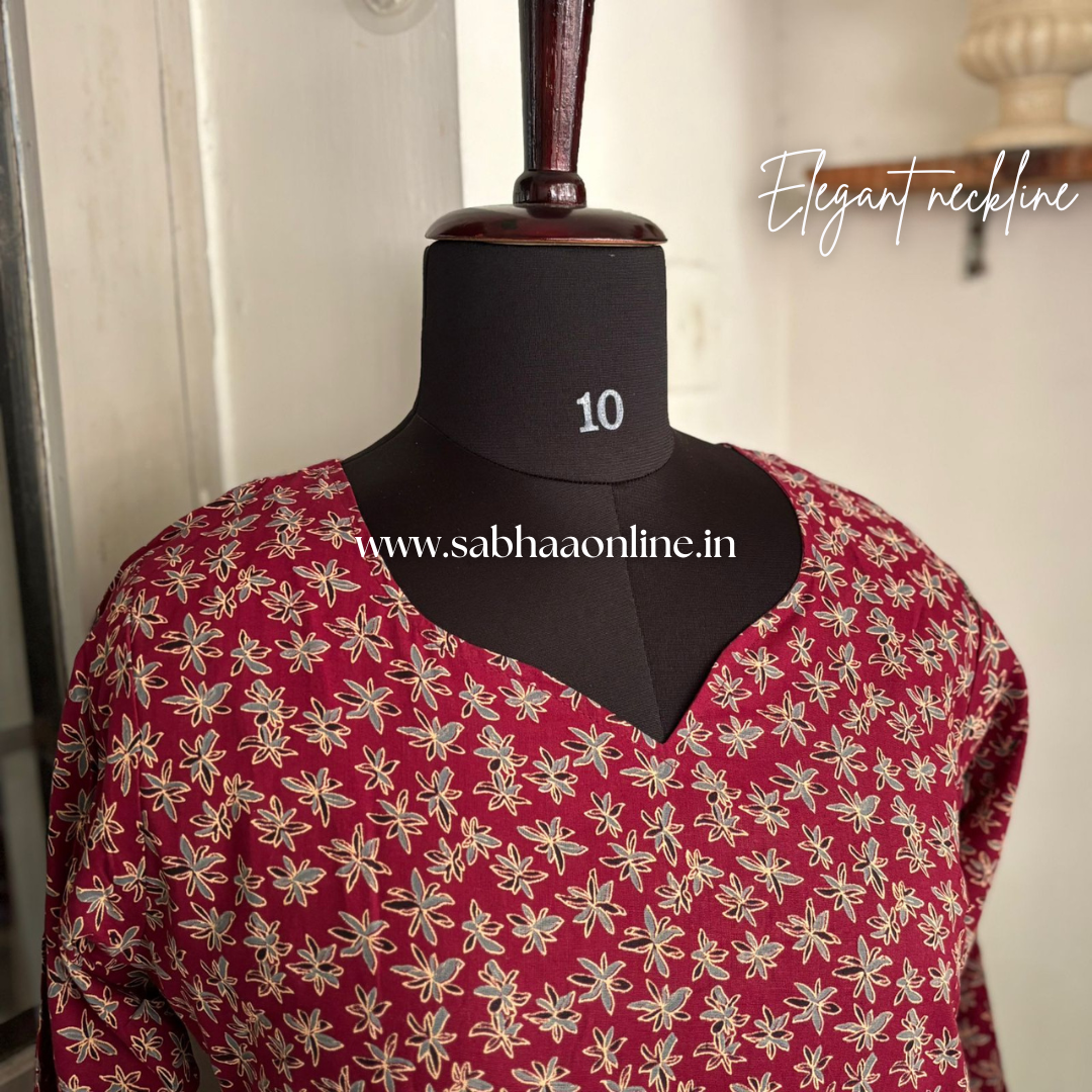 Selvi - Maroon and Teal Cotton crepe Anarkali + dupatta set - LN24