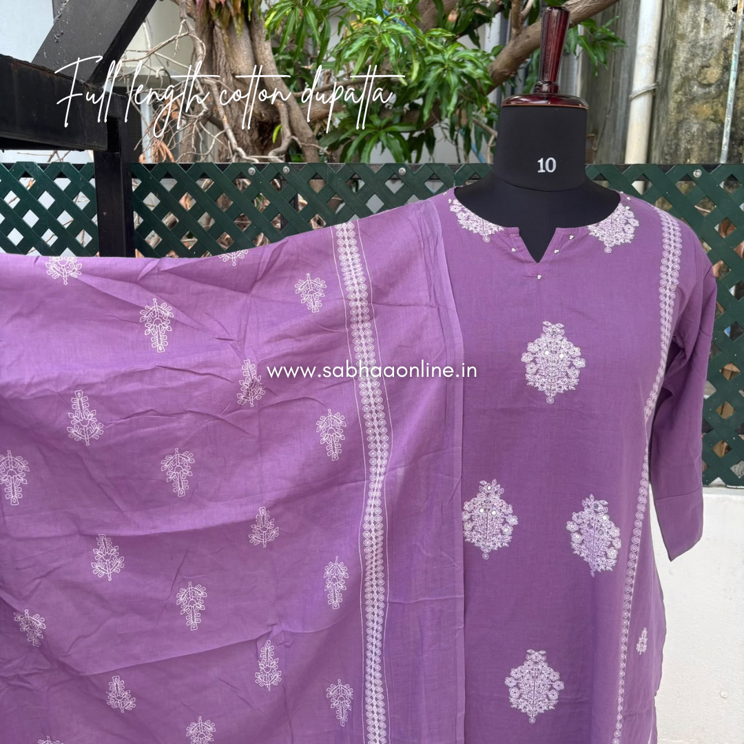 Emily - Lavendar Aline Cotton kurti 3pc set without lining - LN 63