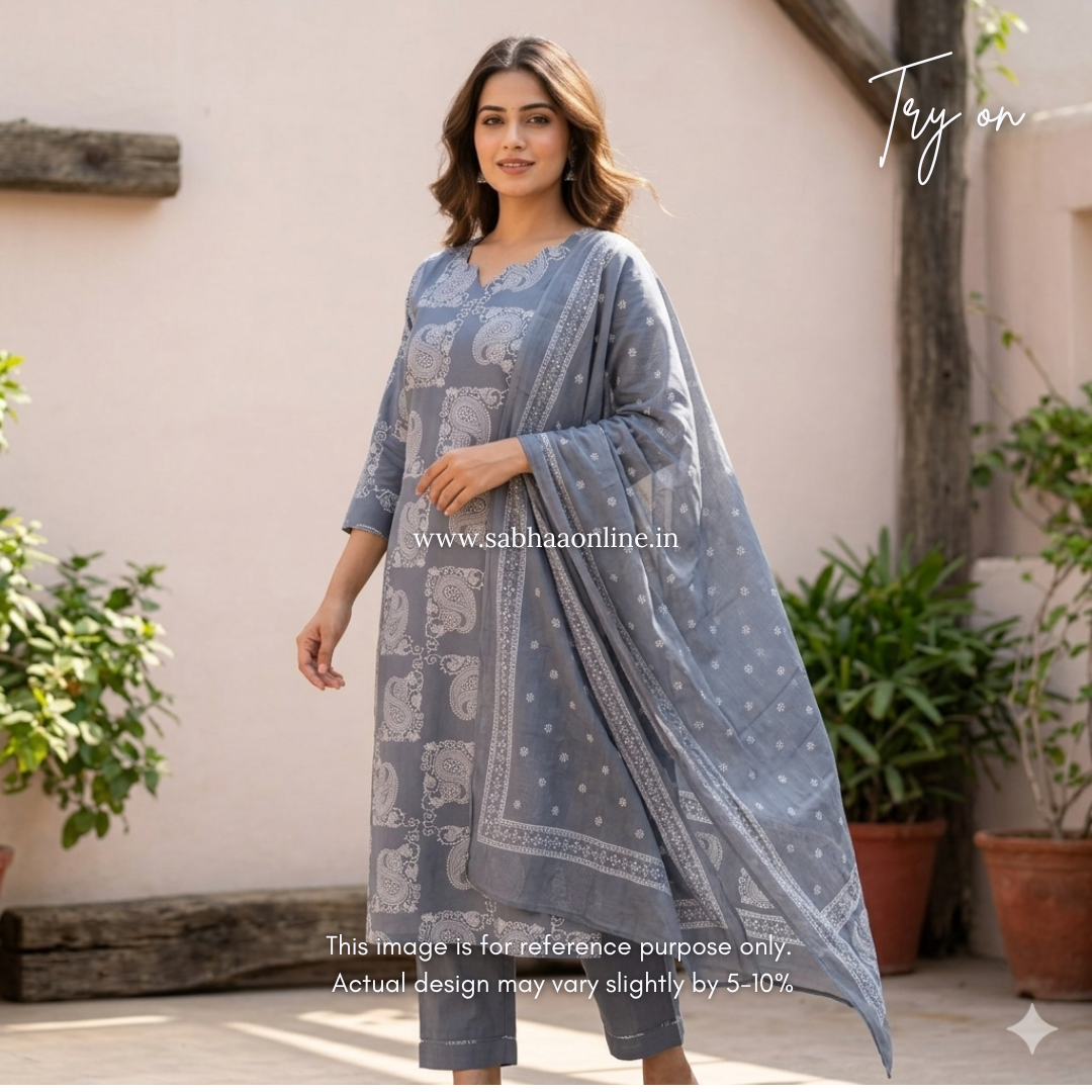 Amelia - Grey Cotton kurti 3pc set with lining - LN 37