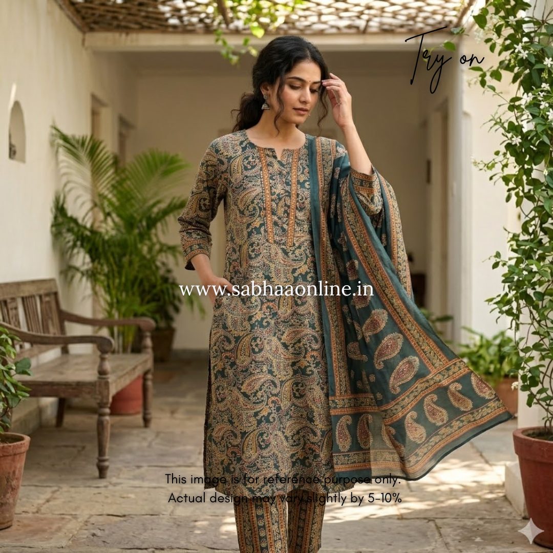 Lahari - Dark Green Cotton kurti 3pc set - LN 42
