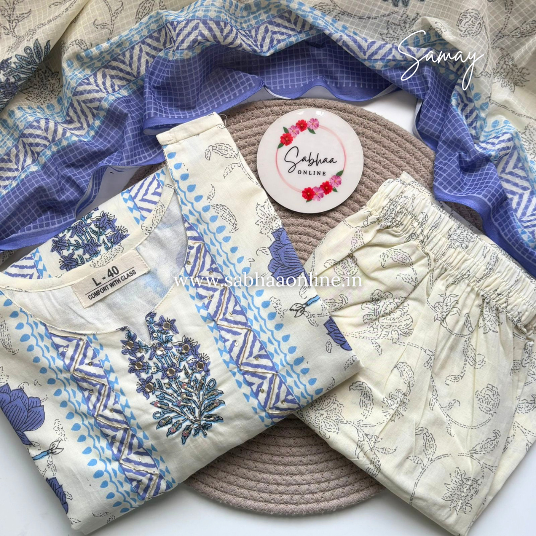 Samay - White and Blue Cotton kurti 3pc set with mul cotton lining - LN 41