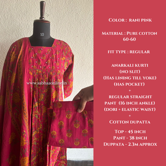 Parvati - Pink Cotton Anarkali kurti 3pc set with lining - LN 40