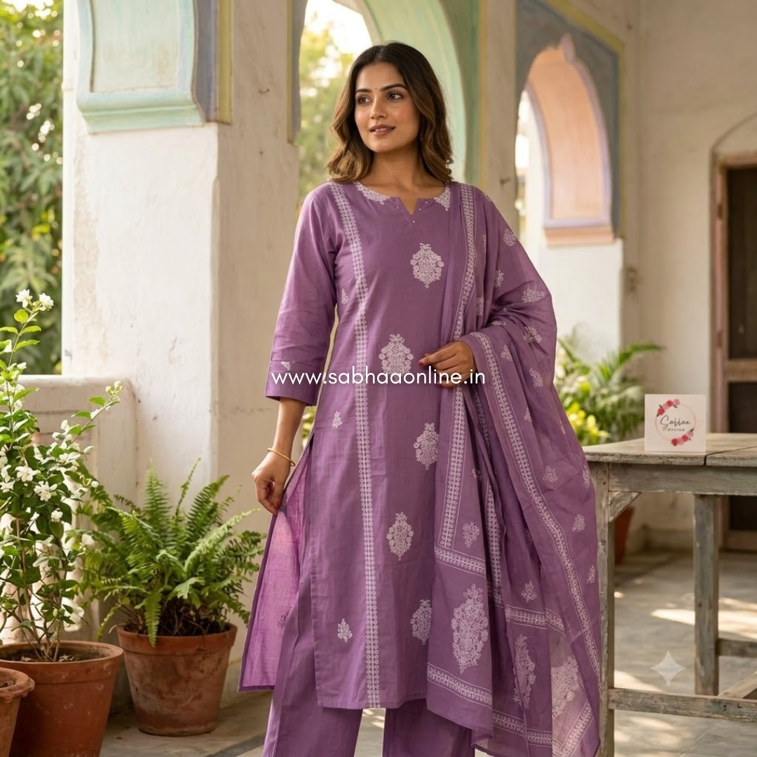 Emily - Lavendar Aline Cotton kurti 3pc set without lining - LN 63