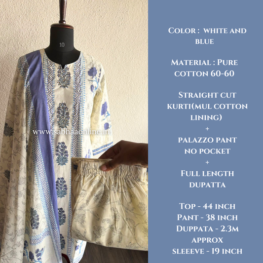 Samay - White and Blue Cotton kurti 3pc set with mul cotton lining - LN 41