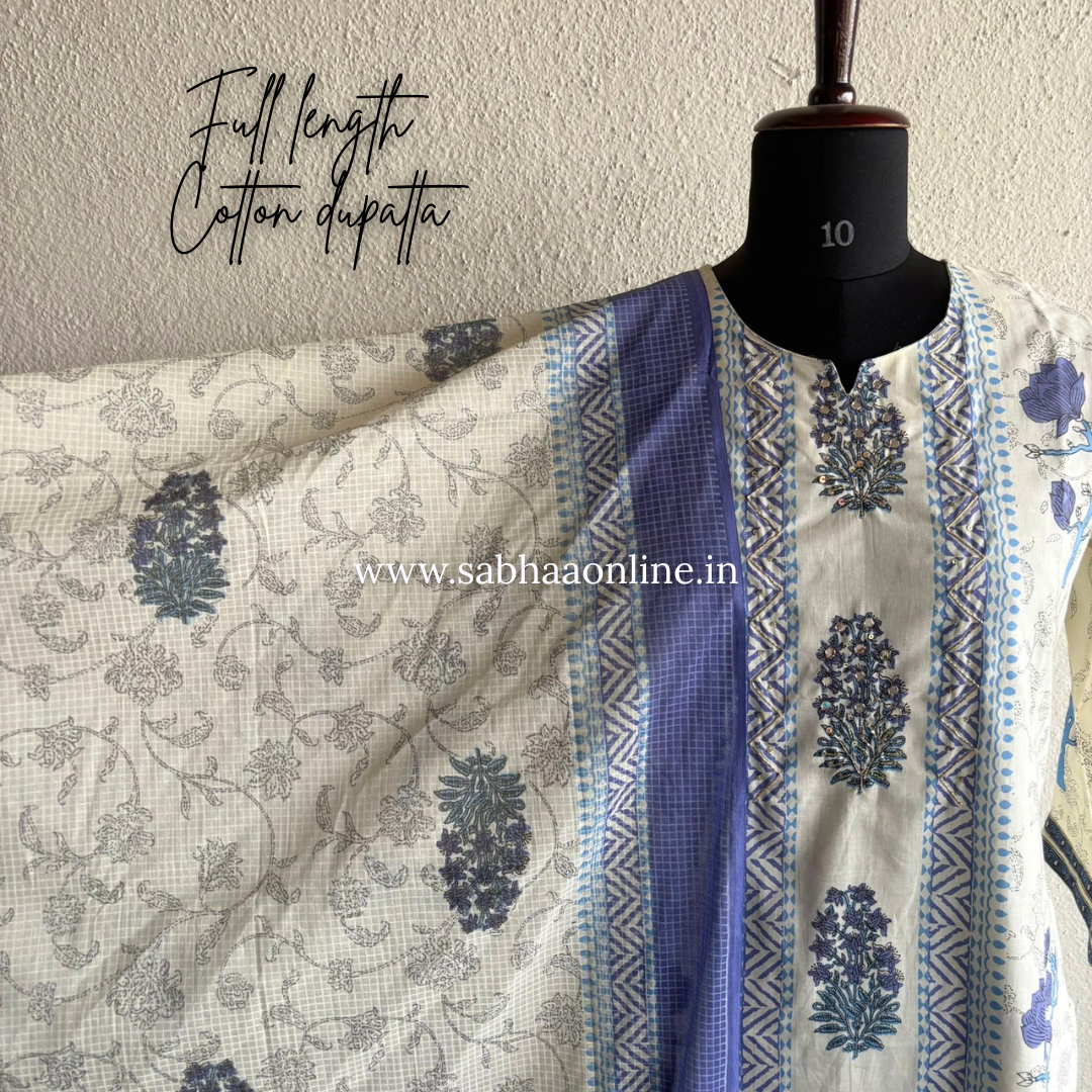 Samay - White and Blue Cotton kurti 3pc set with mul cotton lining - LN 41