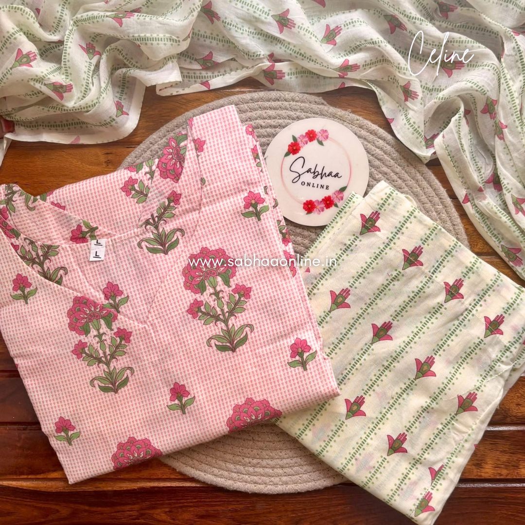 Celine - Pink checkered floral Cotton kurti 3pc set with lining - LN 70