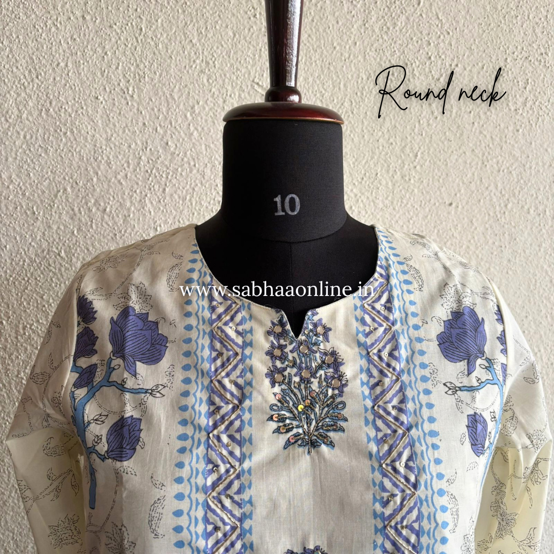 Samay - White and Blue Cotton kurti 3pc set with mul cotton lining - LN 41