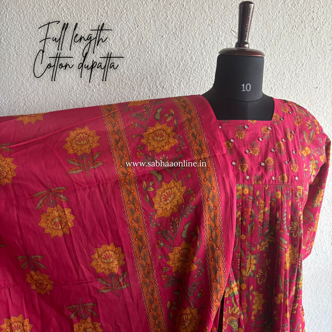 Parvati - Pink Cotton Anarkali kurti 3pc set with lining - LN 40