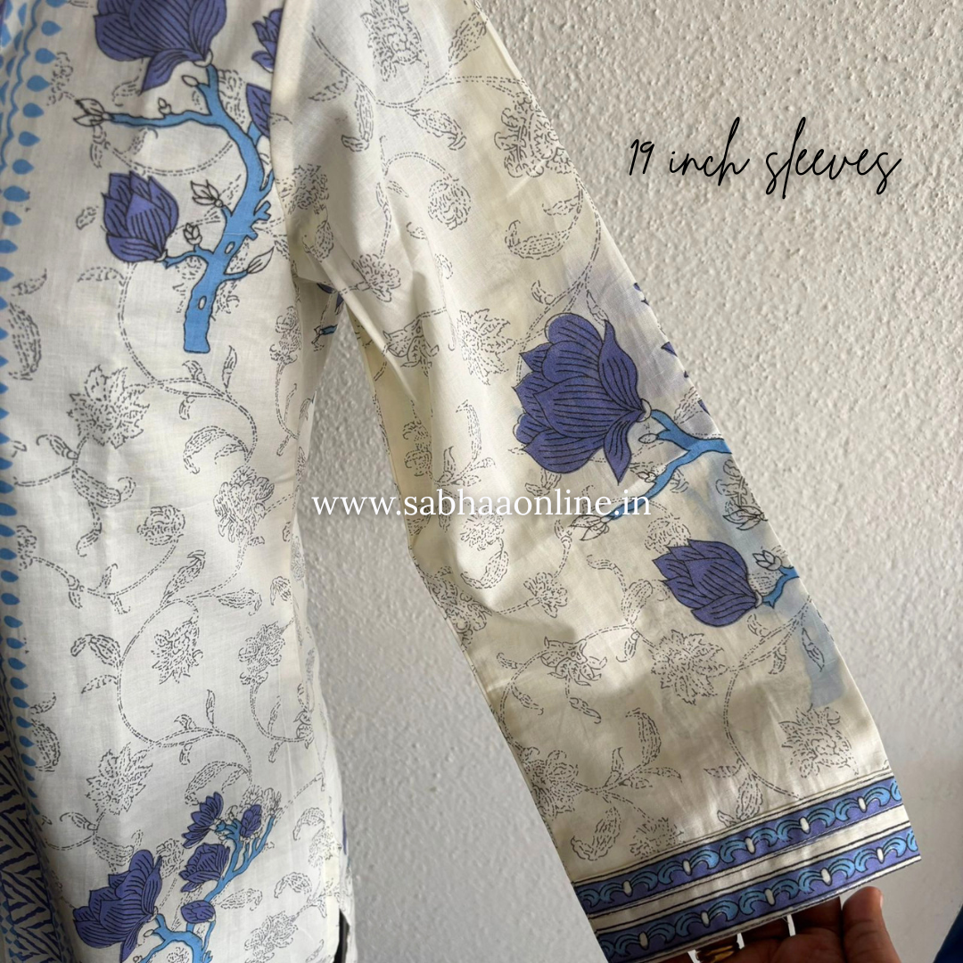 Samay - White and Blue Cotton kurti 3pc set with mul cotton lining - LN 41