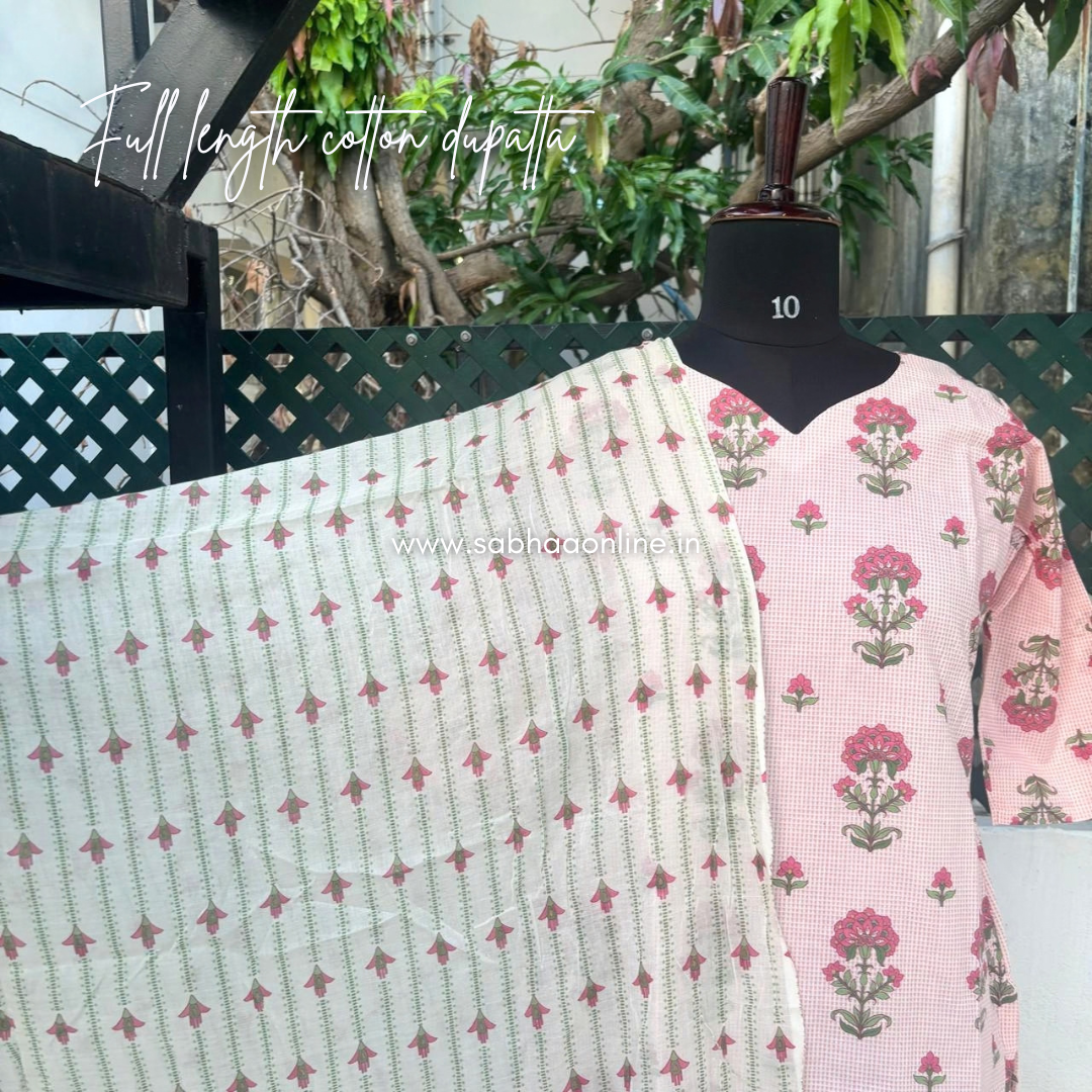 Celine - Pink checkered floral Cotton kurti 3pc set with lining - LN 70