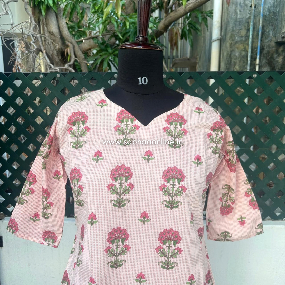 Celine - Pink checkered floral Cotton kurti 3pc set with lining - LN 70