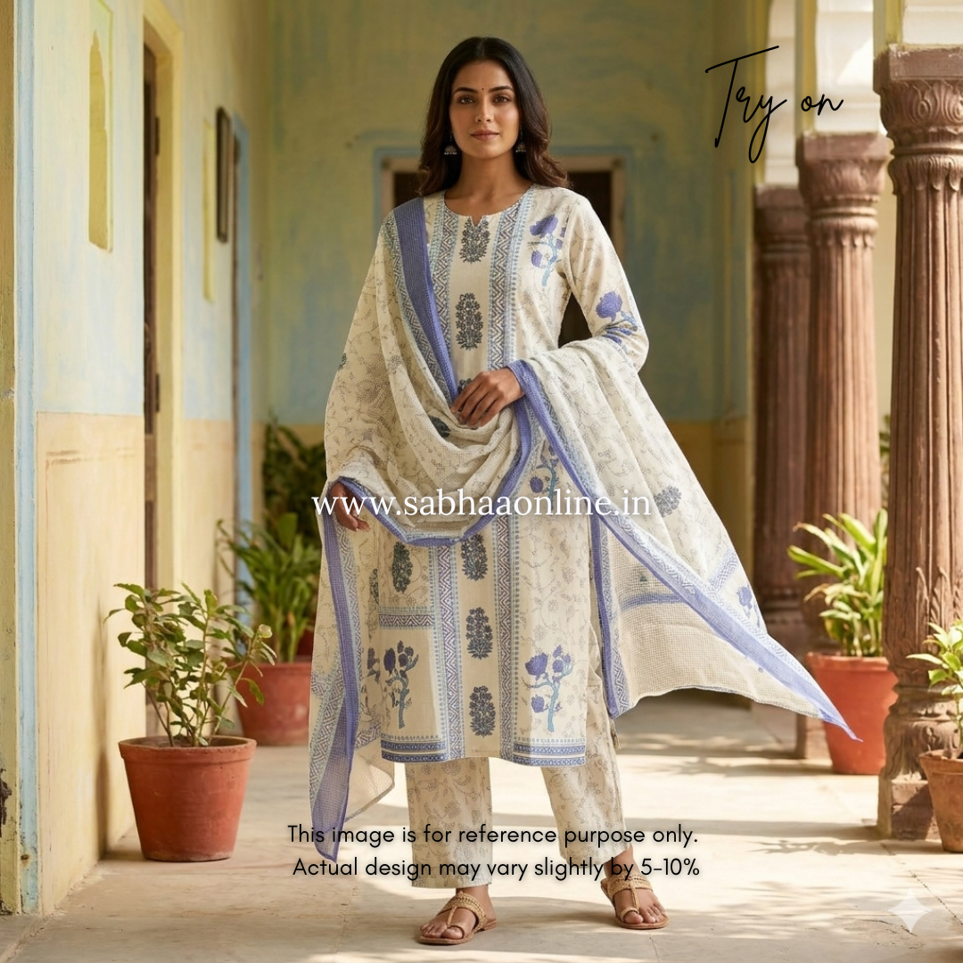 Samay - White and Blue Cotton kurti 3pc set with mul cotton lining - LN 41