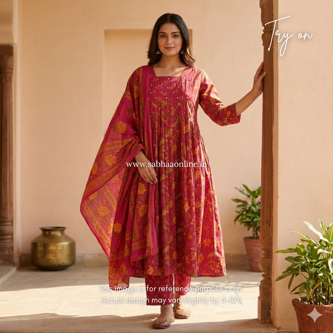 Parvati - Pink Cotton Anarkali kurti 3pc set with lining - LN 40