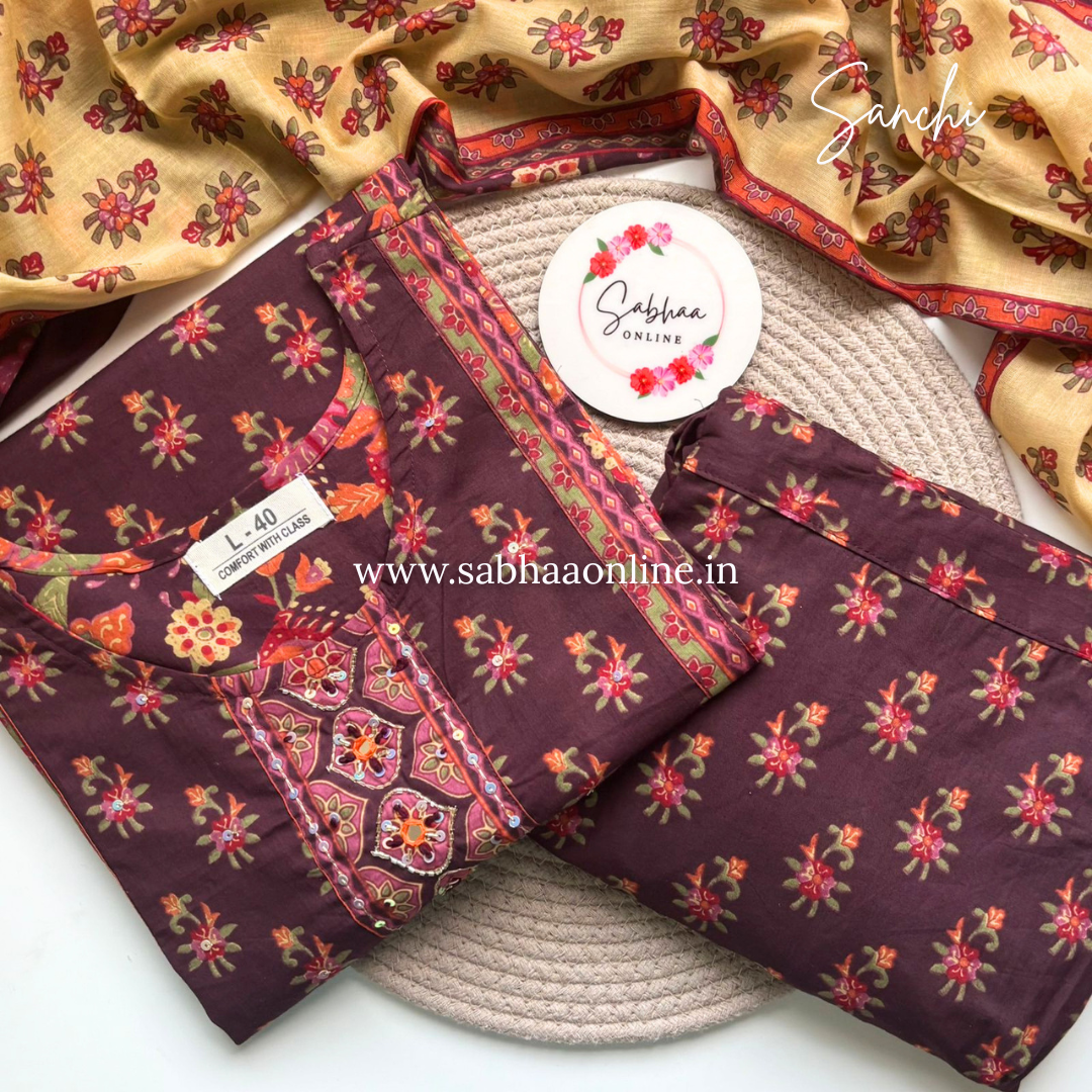 Sanchi - Wine Pakistani Full sleeve cotton kurti 3pc set - LN 41
