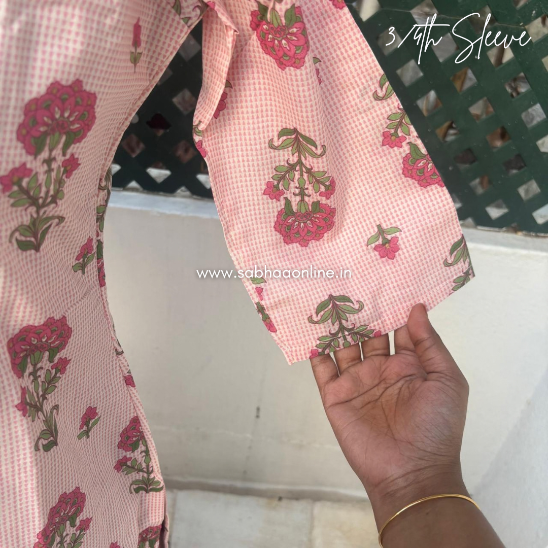 Celine - Pink checkered floral Cotton kurti 3pc set with lining - LN 70