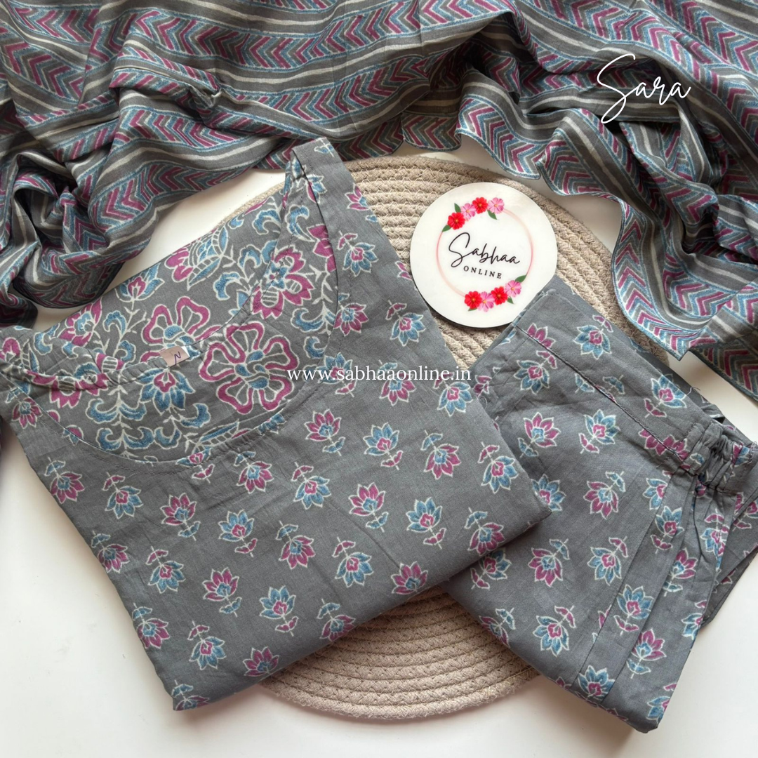 Sara - Grey Cotton kurti 3pc set with lining (Slim fit) - LN 40