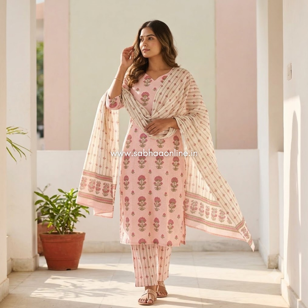 Celine - Pink checkered floral Cotton kurti 3pc set with lining - LN 70