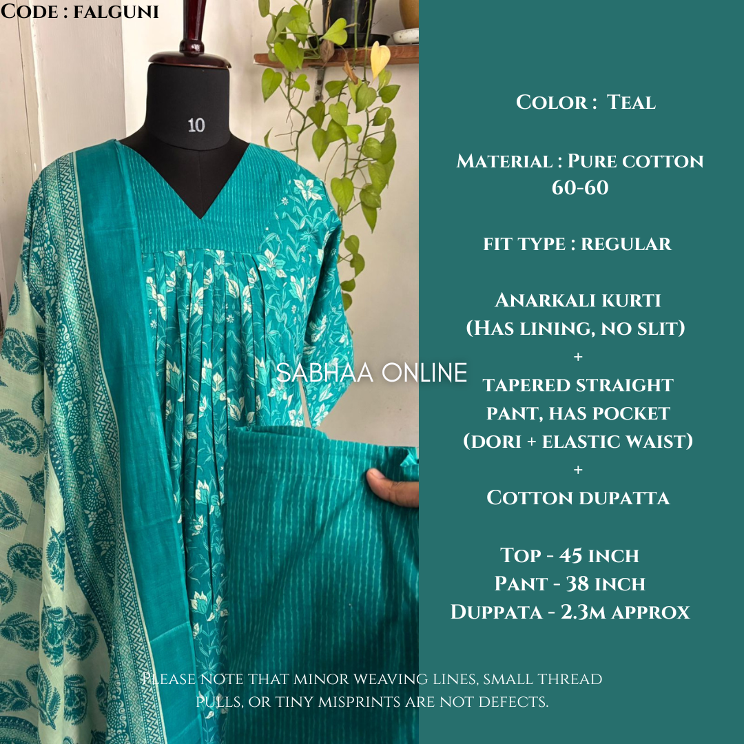 Falguni - Teal Cotton Anarkali Kurti 3pc set with lining