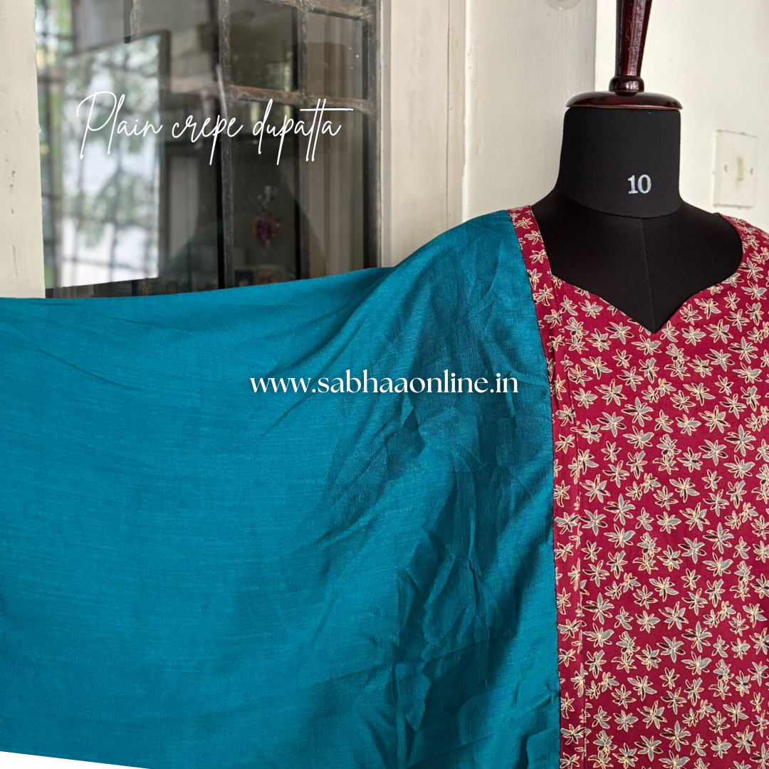 Selvi - Maroon and Teal Cotton crepe Anarkali + dupatta set - LN24
