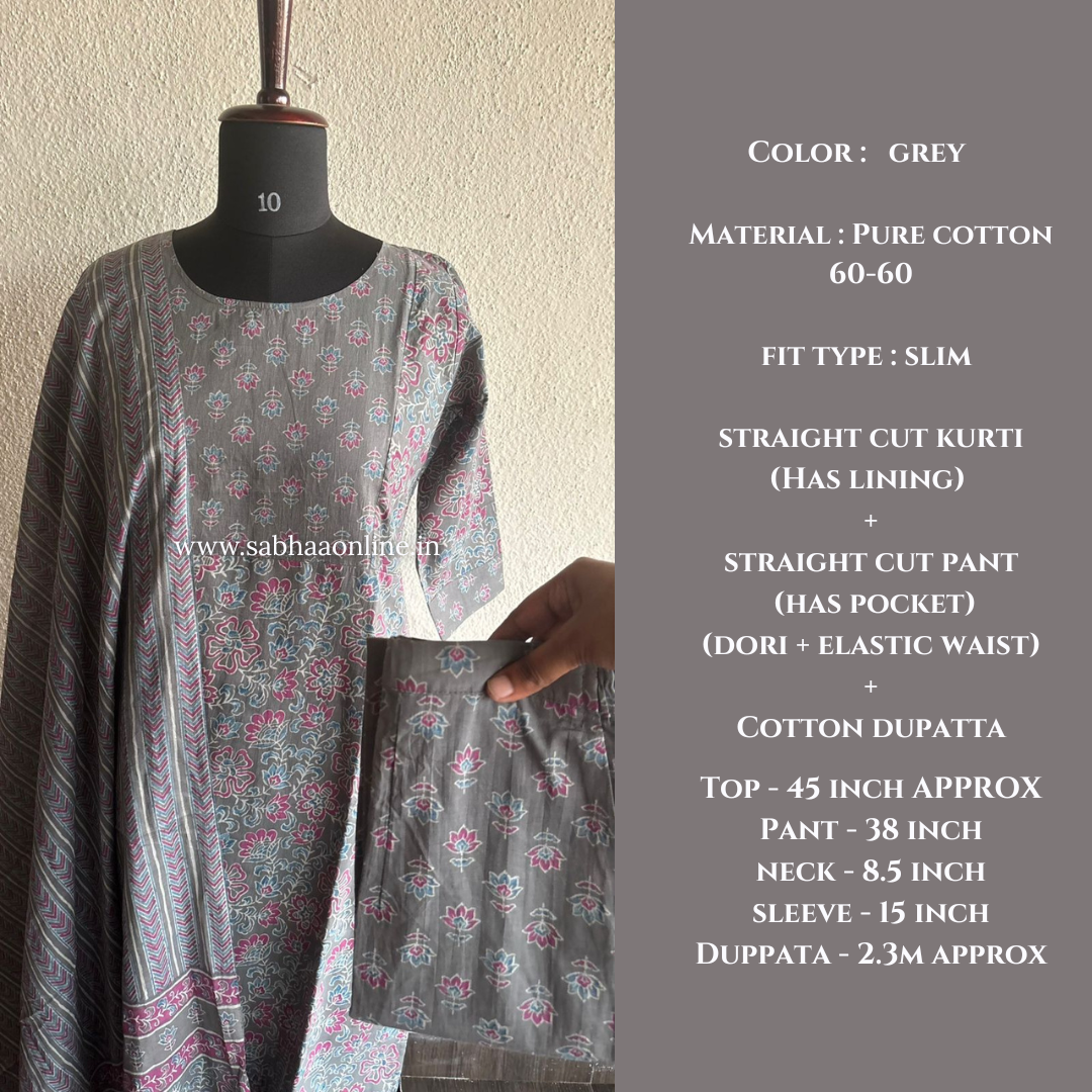 Sara - Grey Cotton kurti 3pc set with lining (Slim fit) - LN 40