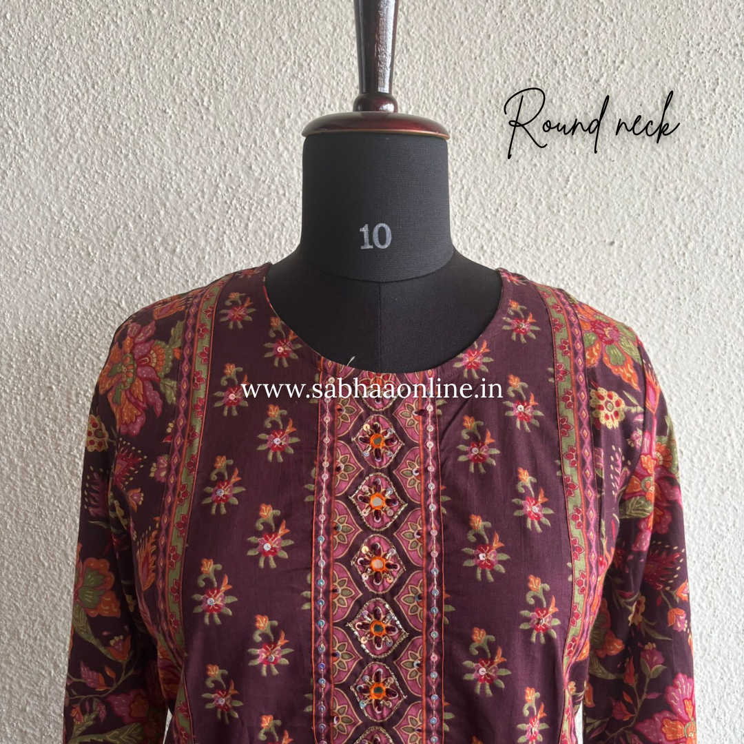 Sanchi - Wine Pakistani Full sleeve cotton kurti 3pc set - LN 41