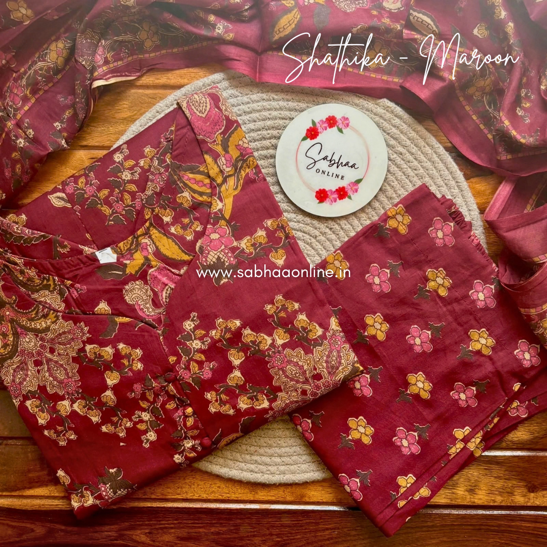 Shathika - Maroon Cotton Kurti 3pc set with lining - LN 70