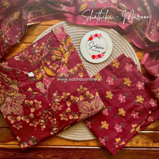 Shathika - Maroon Cotton Kurti 3pc set with lining - LN 70