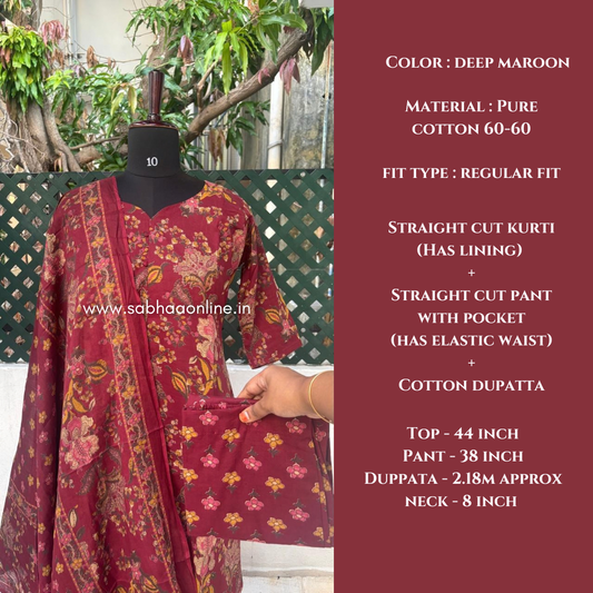 Shathika - Maroon Cotton Kurti 3pc set with lining - LN 70