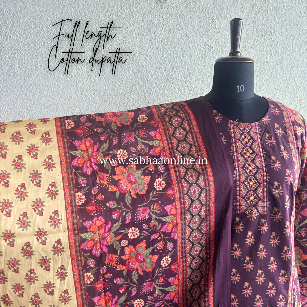 Sanchi - Wine Pakistani Full sleeve cotton kurti 3pc set - LN 41