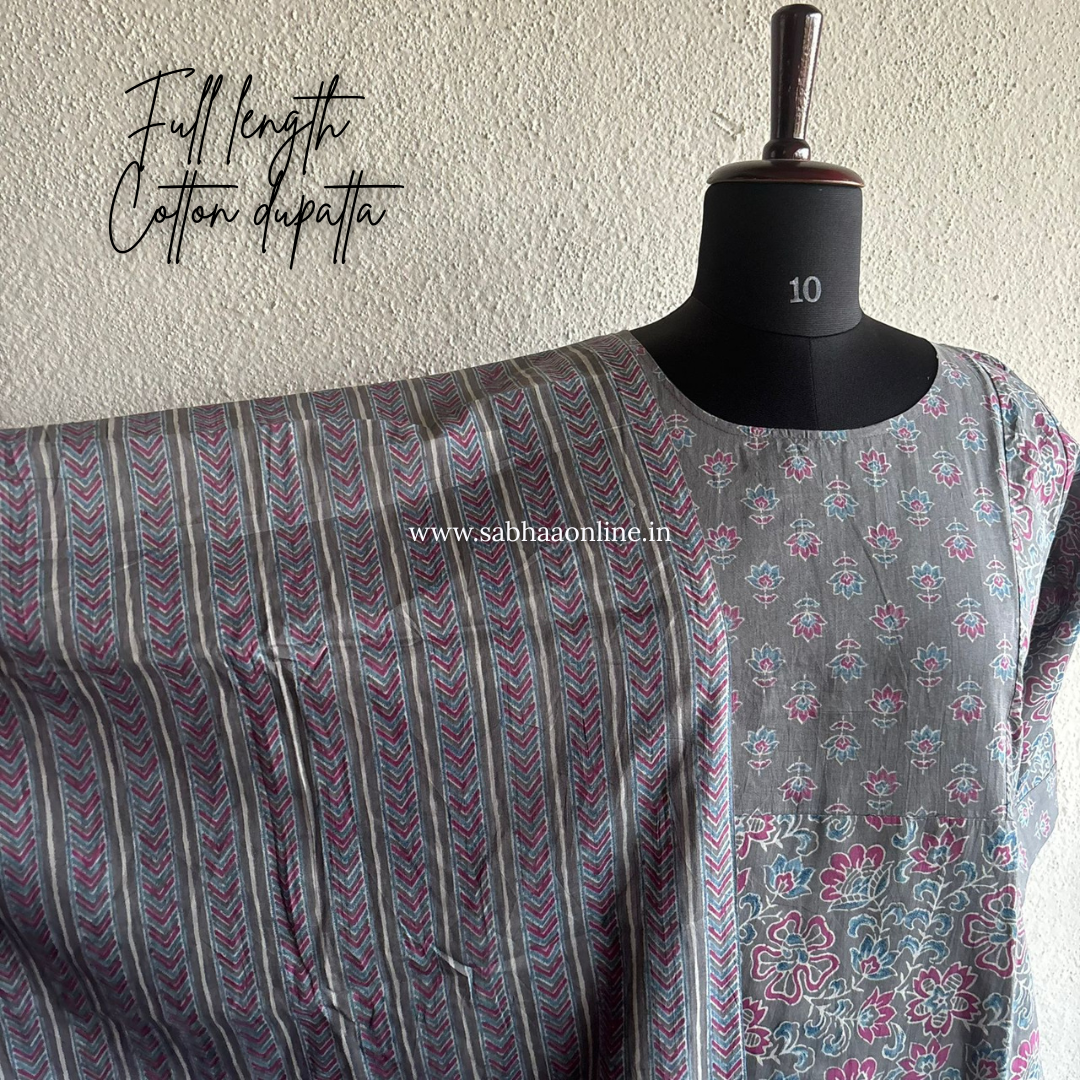 Sara - Grey Cotton kurti 3pc set with lining (Slim fit) - LN 40